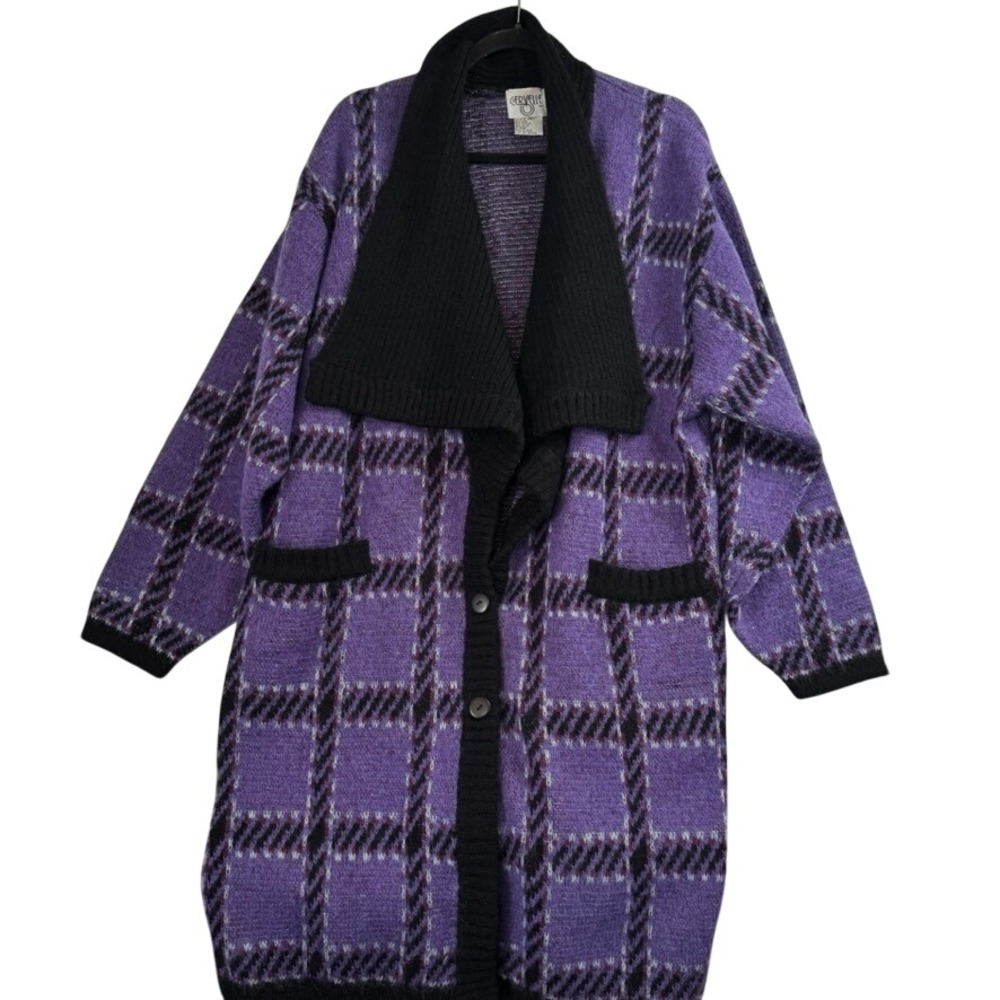 Cervelle Vintage Purple Plaid Wool Longline Oversized Cardigan Sweater Large